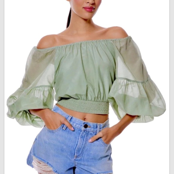 Alice + Olivia Green Off-Shoulder Blouse - Picture 1 of 5